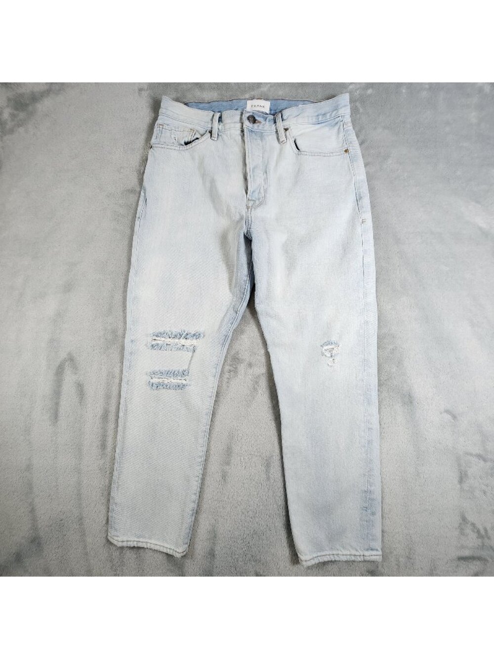 Frame Le Original Jeans 32x26.5 Blue Distressed Button Fly High Rise Straight